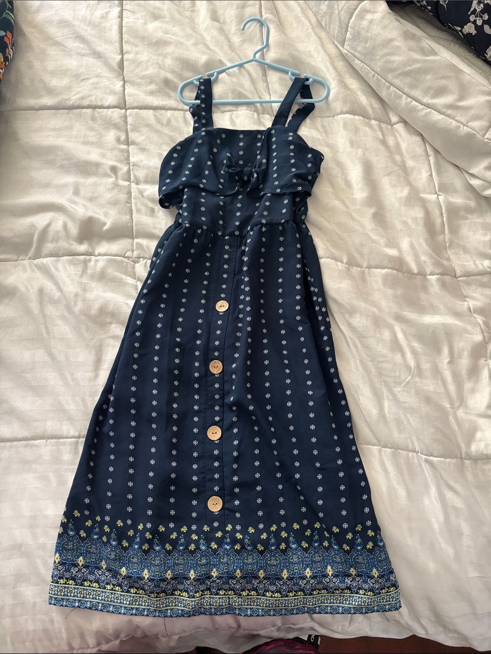 Beautees Navy Blue Printed Girls' Sundress with Wooden Buttons